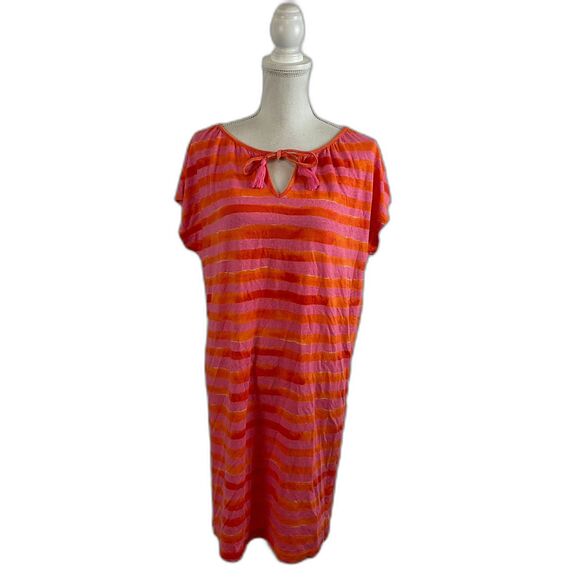 Tommy Bahama T-Shirt Dress M Orange Pink Stripe Drop Sleeve Tie Detail - Picture 1 of 13